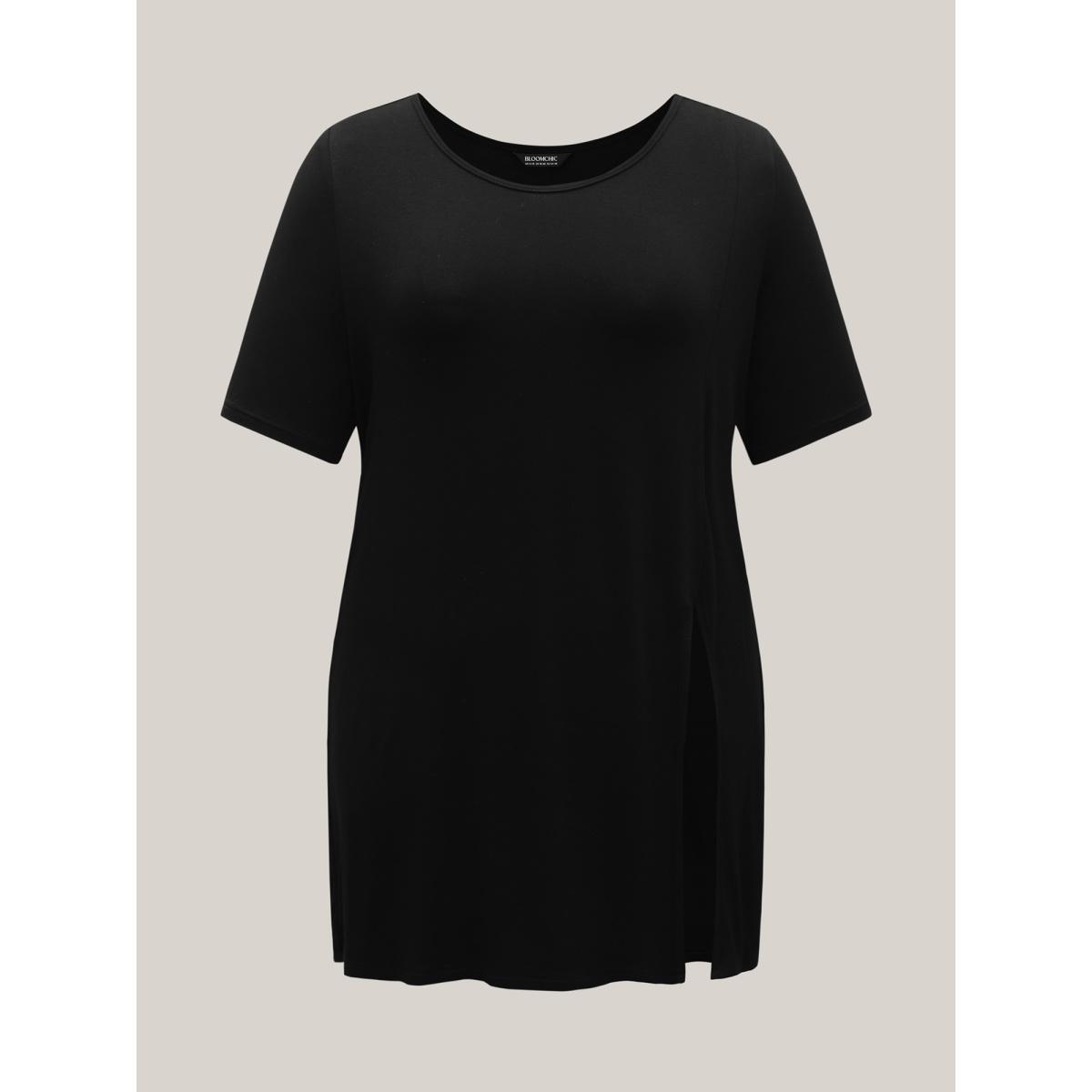 Plus Size Side-Split Plain Round Neck T-Shirt Black Women Casual Slit Non Loose Everyday T-shirts BloomChic 14-16/1X Product Image