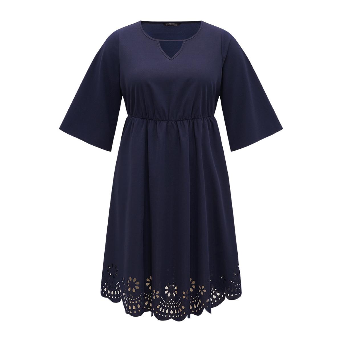 Plus Size Plain Keyhole Pocket Laser Cut Dress Navy Women Office Plain Notched collar Elbow-length sleeve Curvy Midi Dress BloomChic 28/5X Product Image