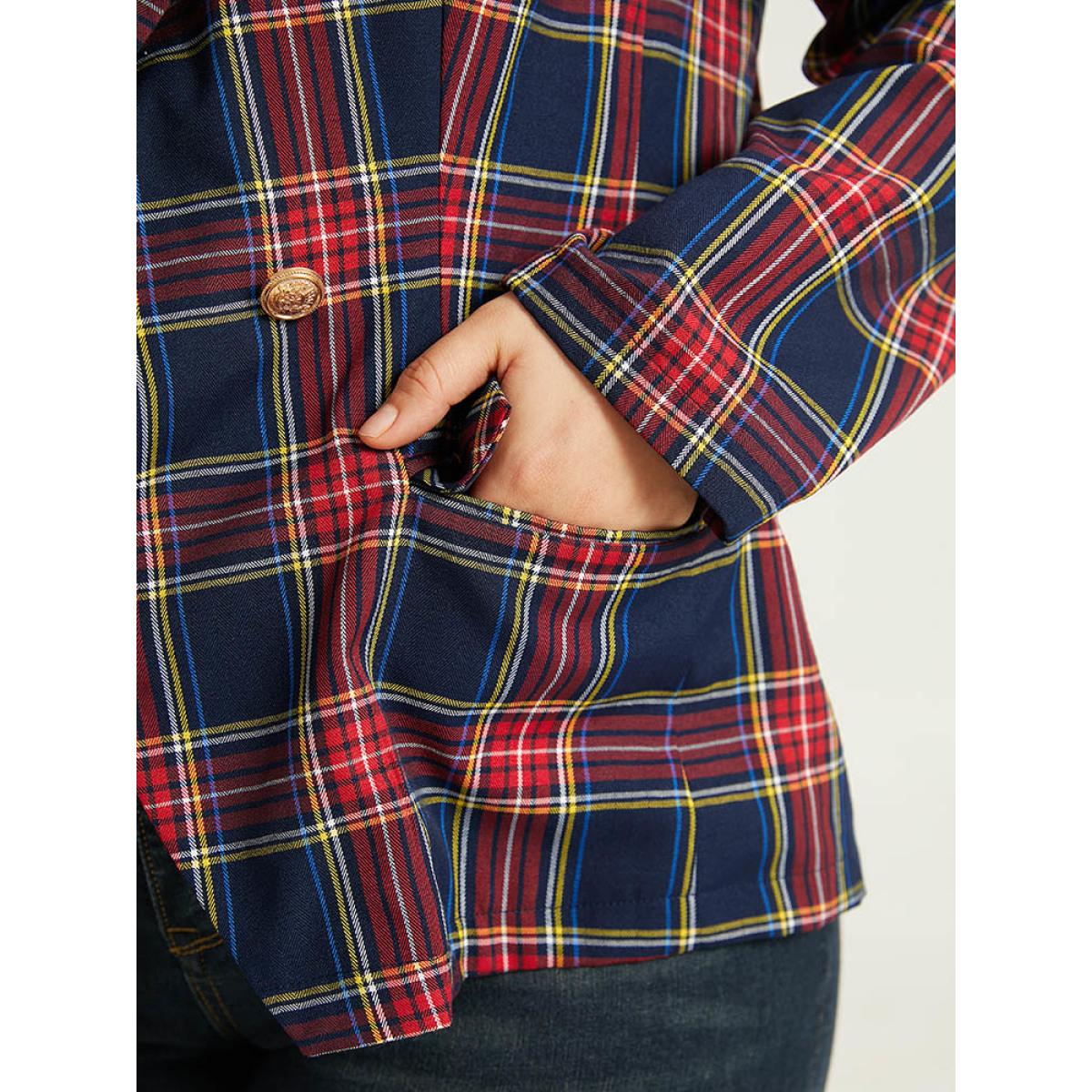 Plus Size Plaid Metal Detail Pocket Blazer Multicolor Women Dailywear Plaid Button Sleeve Long Sleeve Suit Collar 10/M Pocket Casual Blazers BloomChic Product Image
