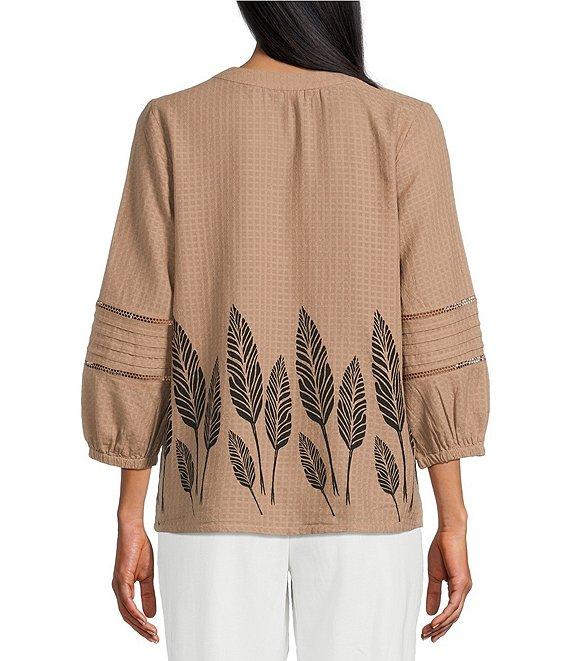 Investments Woven Portabella Leaf 3/4 Sleeve Y-Neck Button Front Top Product Image