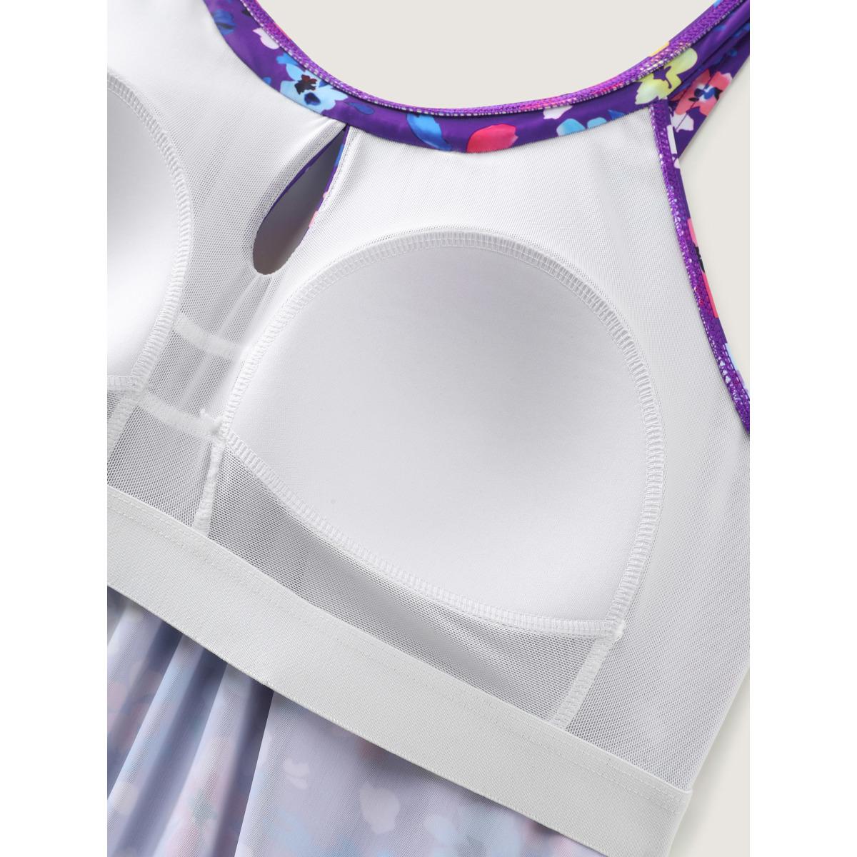 Plus Size Floral Print Keyhole Pockets Swim Romper Women's Swimwear DarkViolet Resort Pocket Curve Bathing Suits High stretch One Pieces BloomChic 12/L Product Image