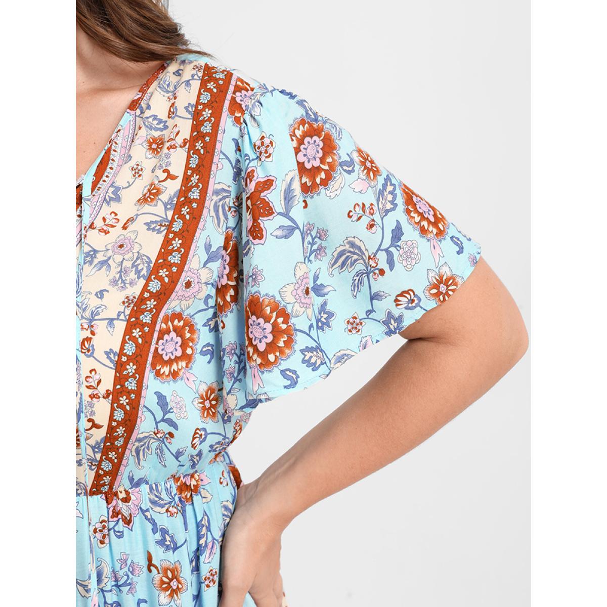 Plus Size LightBlue Floral Ruffled Ties V Neck Blouse Women Vacation Short sleeve V-neck Dailywear Blouses BloomChic 12/L Product Image