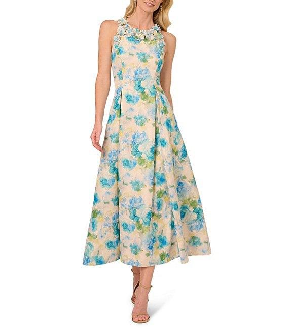 Adrianna Papell Jacquard Floral Print Halter Neck Sleeveless Rosette A-Line Midi Dress Product Image