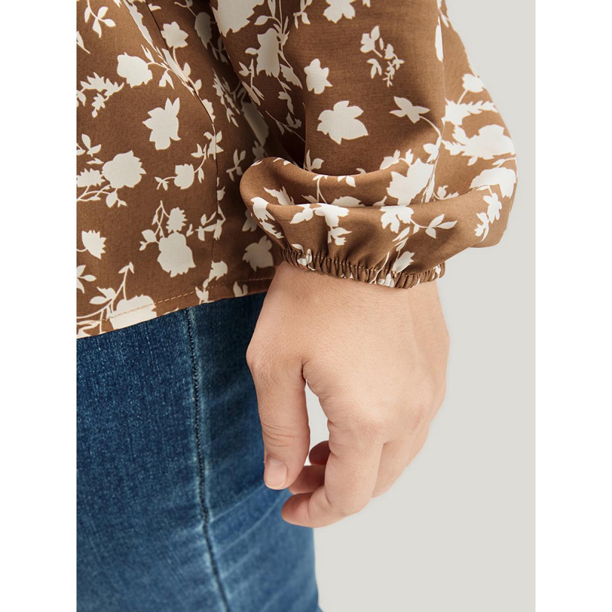 Plus Size Bronze Floral Lantern Sleeve Arc Hem Blouse Women Elegant Long Sleeve V-neck Dailywear Blouses BloomChic 10/M Product Image