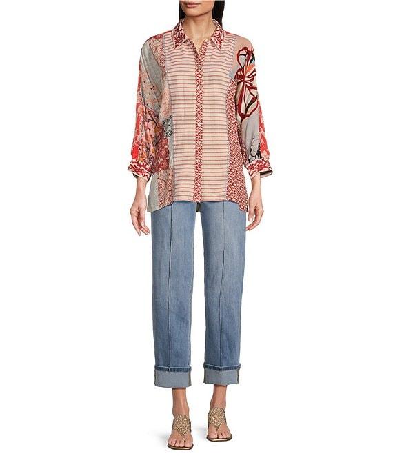John Mark Yarn Dyed Patch Print Point Collar 3/4 Dolman Sleeve Button Front Top Product Image
