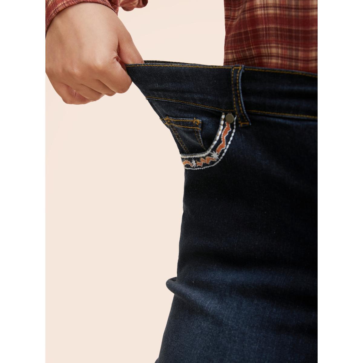 Plus Size Stretch Denim Front Embroided Pockets Flare Jeans Women Darkindigo Casual Embroidered Medium stretch Slanted pocket Jeans BloomChic 10/M Product Image