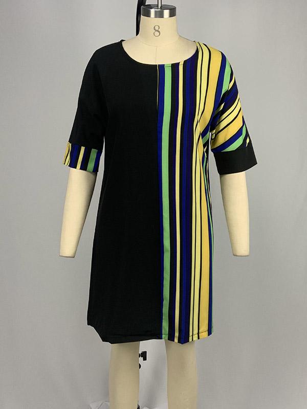 A-Line Half Sleeves Asymmetric Contrast Color Striped Round-Neck Mini Dresses Product Image