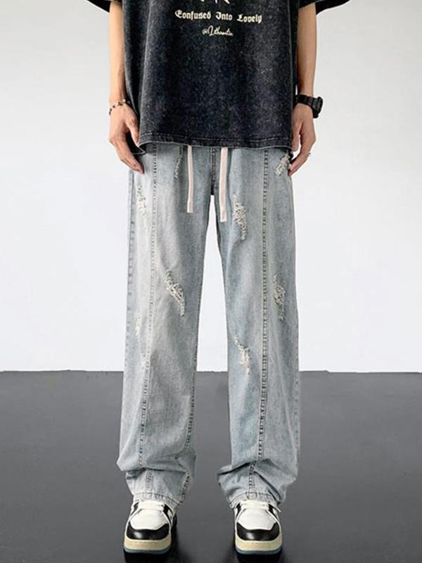 Men's Wash Ripped Drawstring Straight Leg Pants Product Image