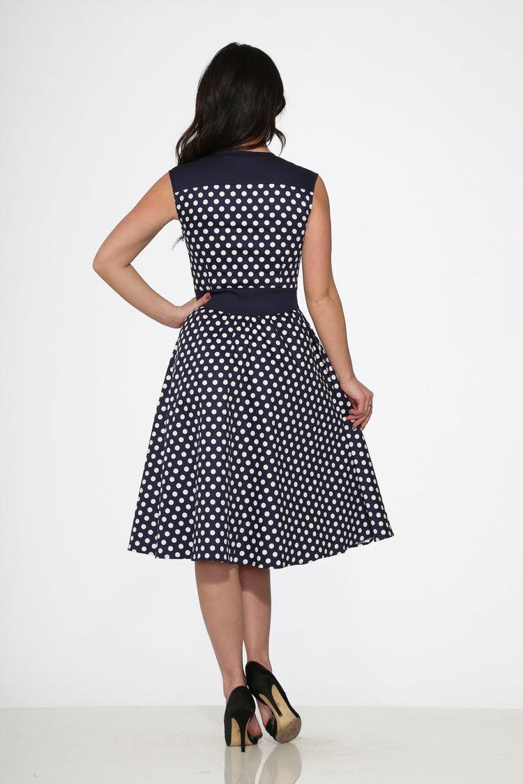 Navy Blue White Polka Dot Swing Dress Product Image