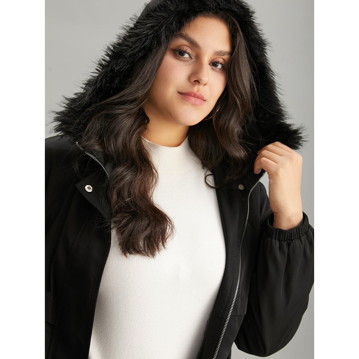 Plus Size Solid Hooded Drawstring Zipper Fuzzy Trim Coat Women Black Casual Plain Ladies Dailywear Winter Coats BloomChic 18-20/2X Product Image