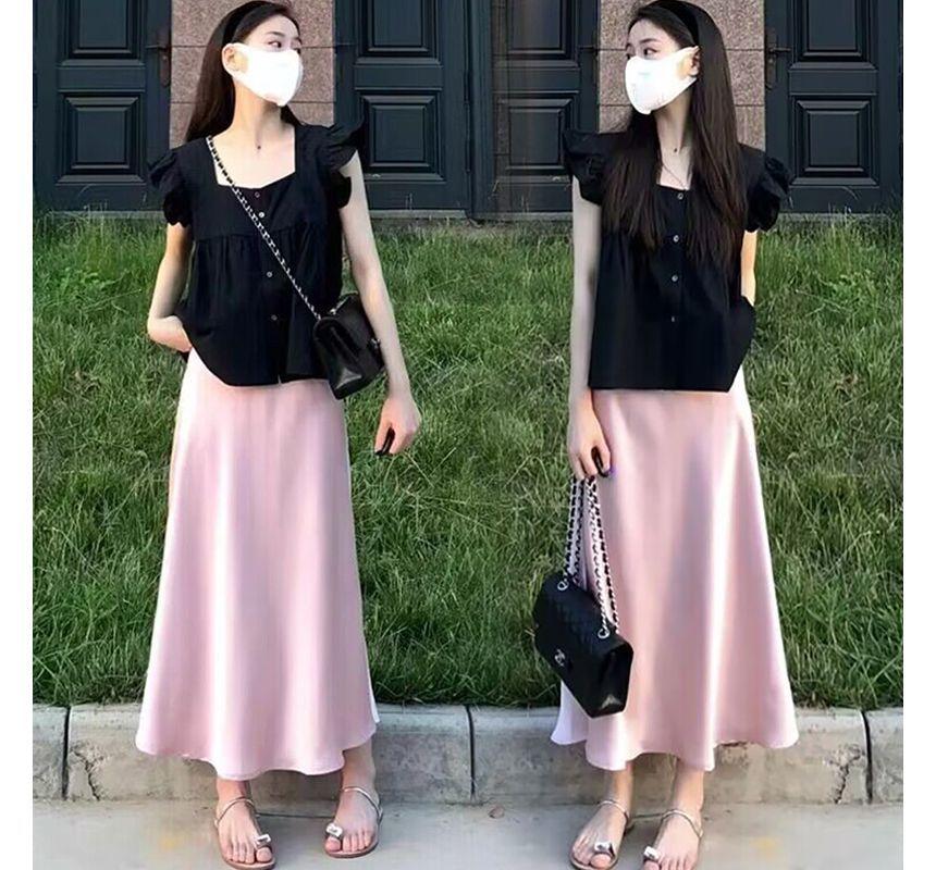 Maternity Cap-Sleeve Square Neck Plain Blouse / High Rise Slit Midi A-Line Skirt / Set Product Image