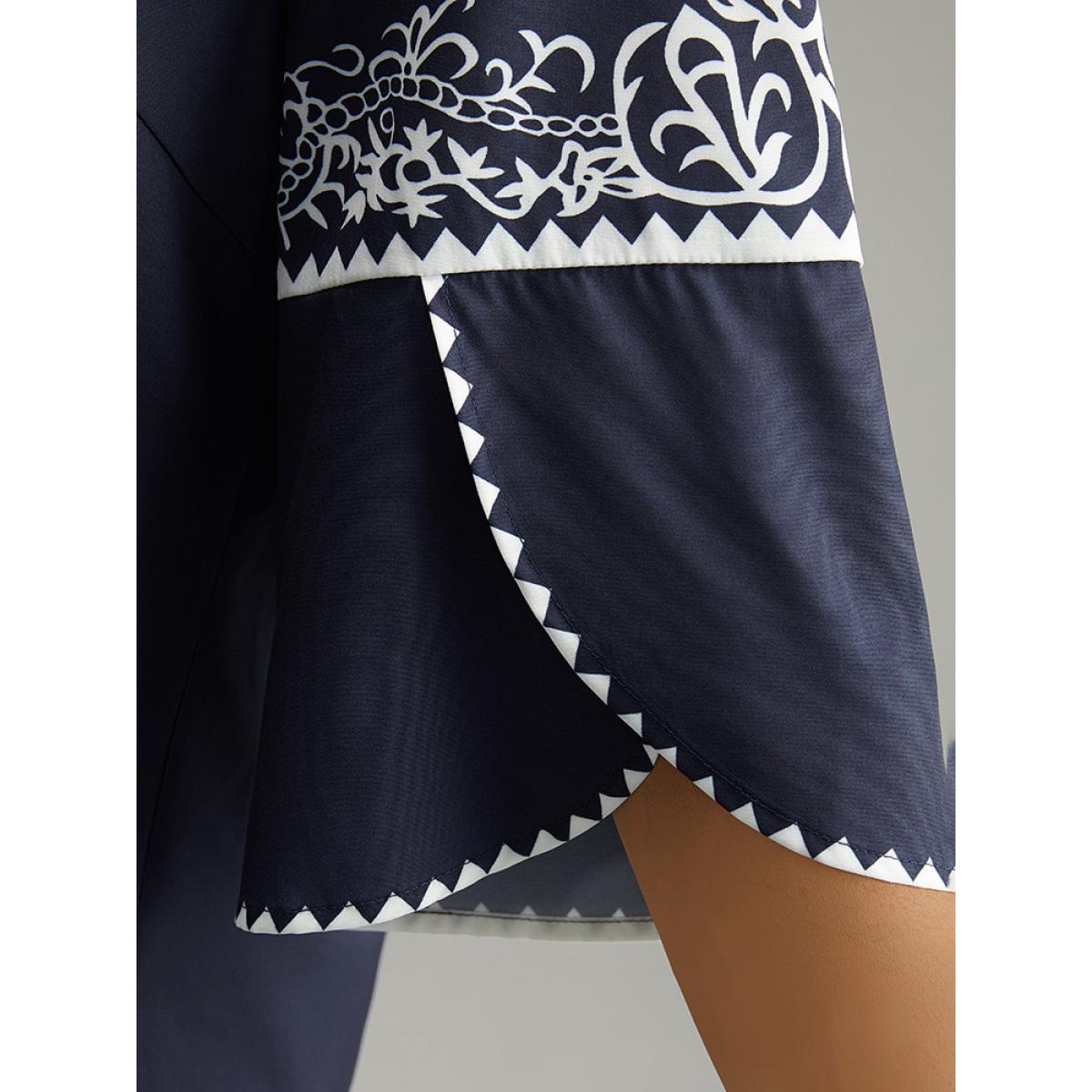 Plus Size Indigo Boho Print V Neck Petal Sleeve Blouse Women Vacation Elbow-length sleeve V-neck Dailywear Blouses BloomChic 30/6X Product Image