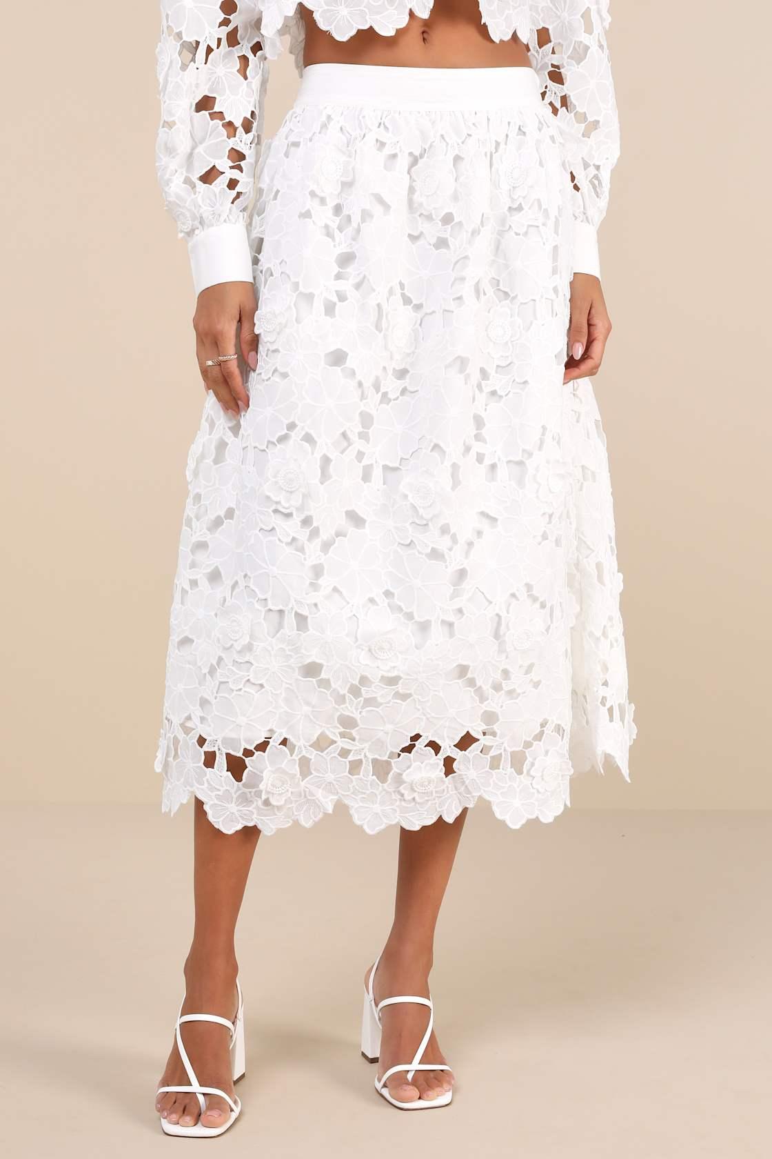 Ottis White Laser-Cut Floral High-Rise Midi Skirt Product Image