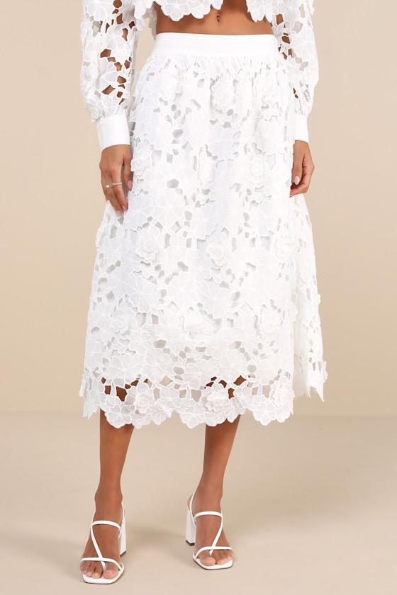Ottis White Laser-Cut Floral High-Rise Midi Skirt Product Image