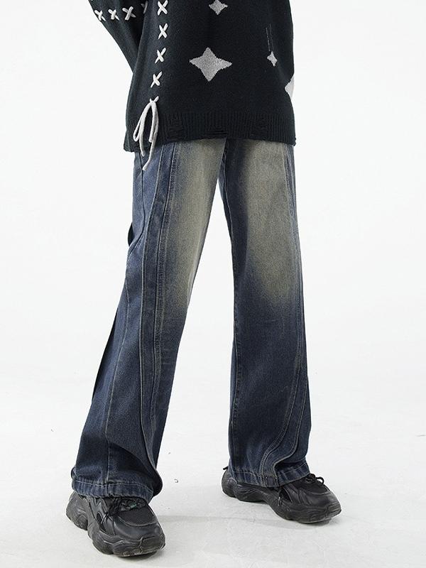 Men's Vintage Wash Splice Loose Jeans Product Image