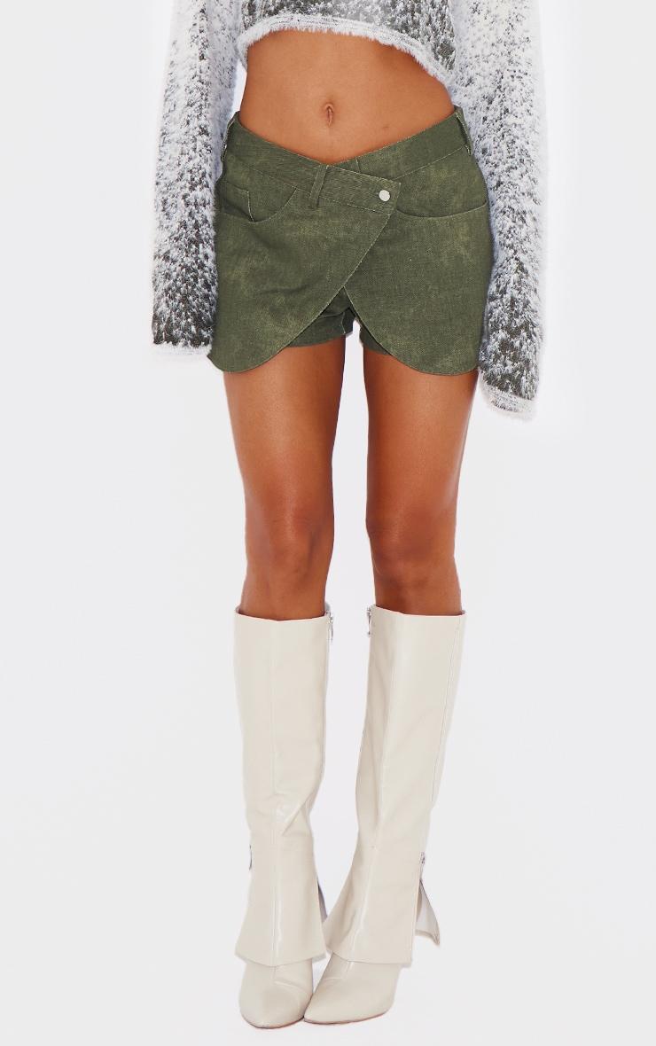 Khaki Twill Washed Crossover Mini Skirt Product Image