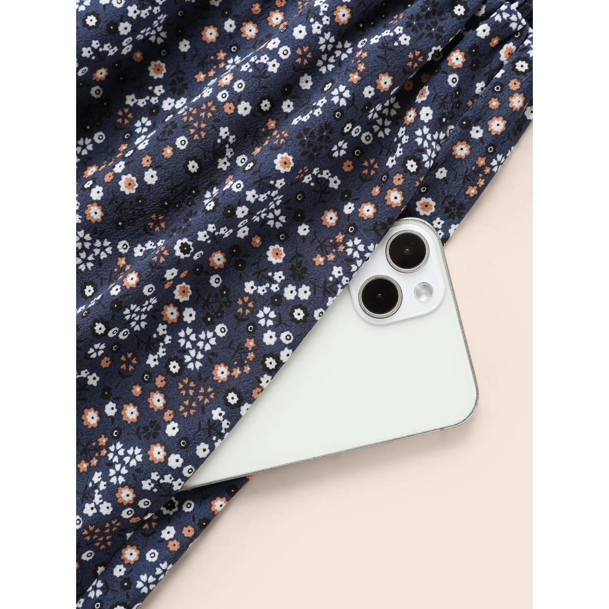 Plus Size Ditsy Floral V Neck Shirred Dress Mediumblue Women Elegant Shirred V-neck Long Sleeve Curvy BloomChic 26/4X Product Image