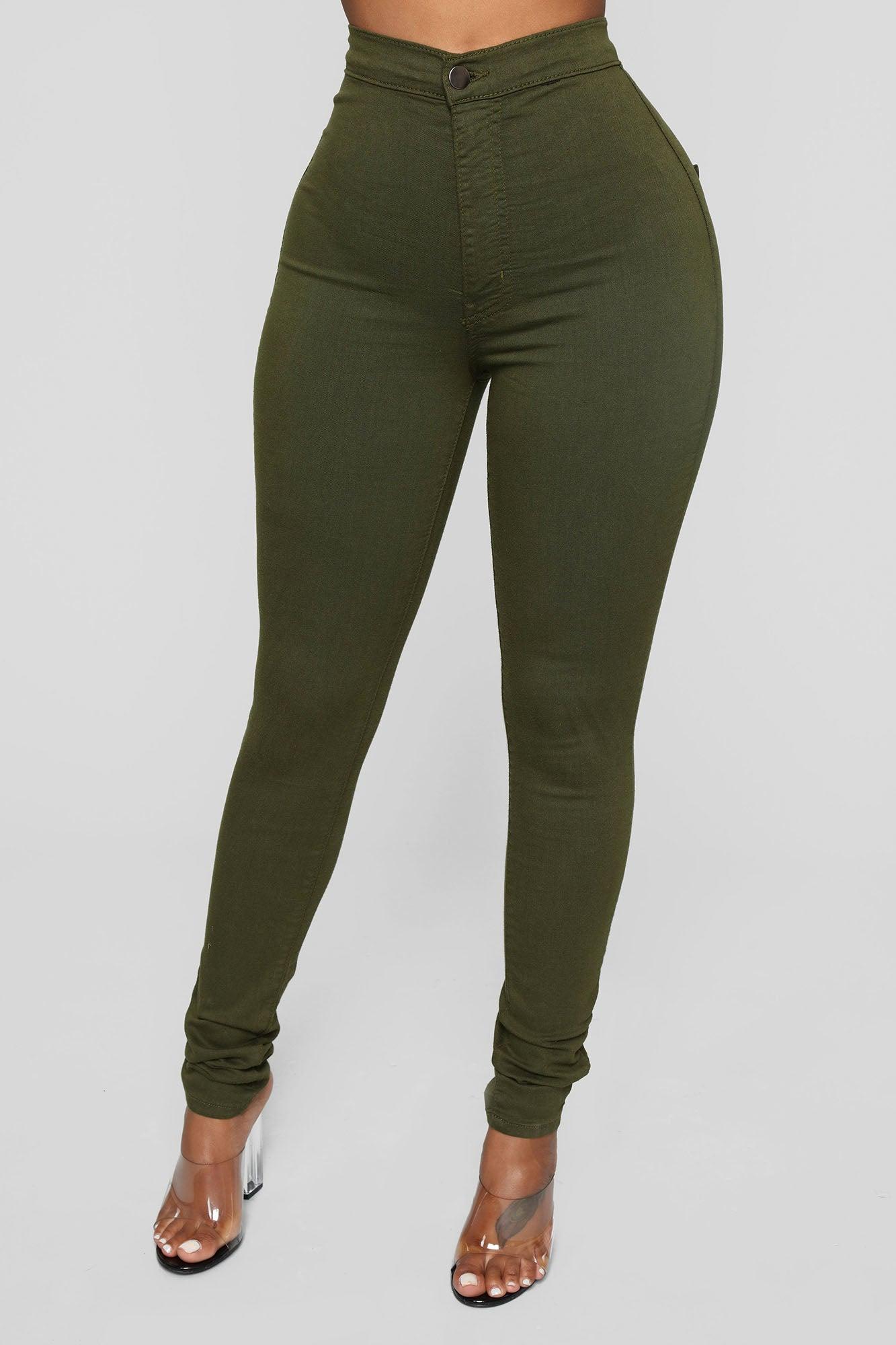 Super High Waist Denim Skinnies - Olive Product Image