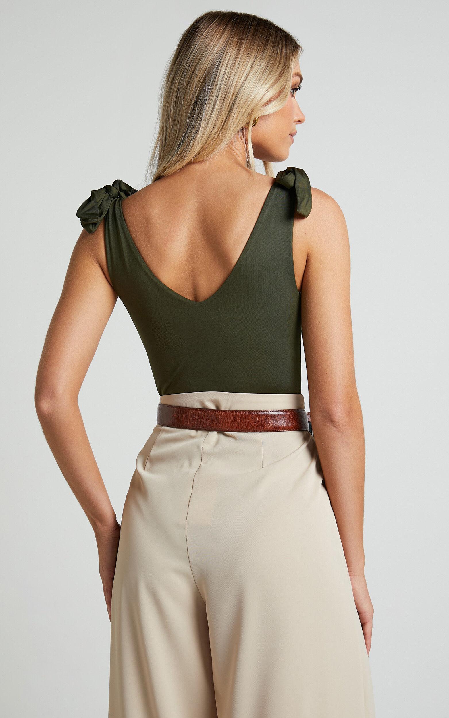 Ryley Bodysuit - V Neck Tie Up Bodysuit in Olive Product Image
