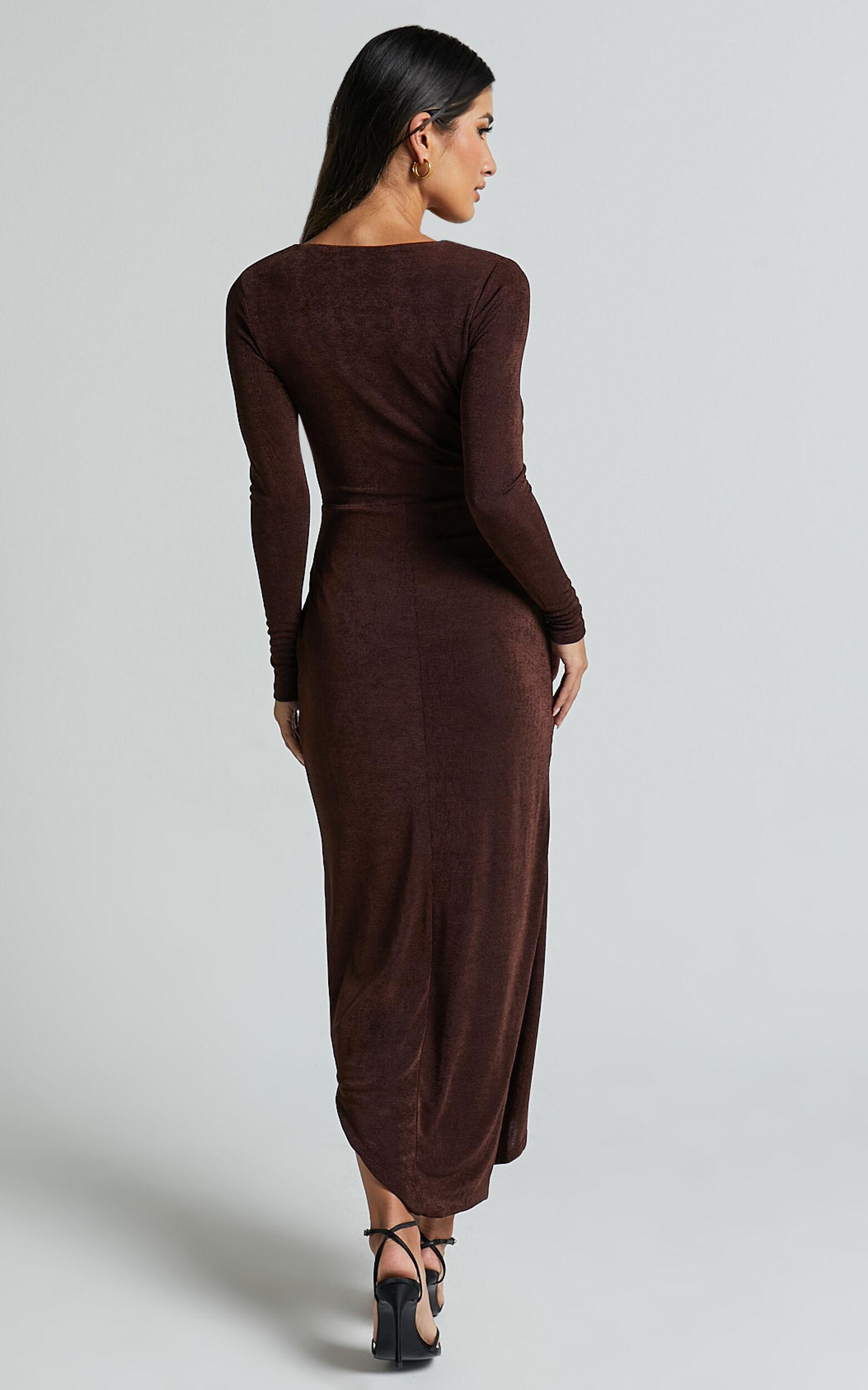 Janina Midi Dress - Plunge Long Sleeve Twist Wrap Asymmetric Dress in Chocolate Product Image