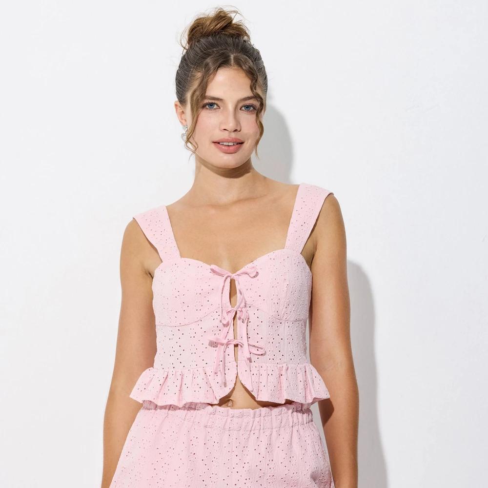 Women's Tie-Front Ruffle Top - Wild Fable™ Rose Pink XL Product Image