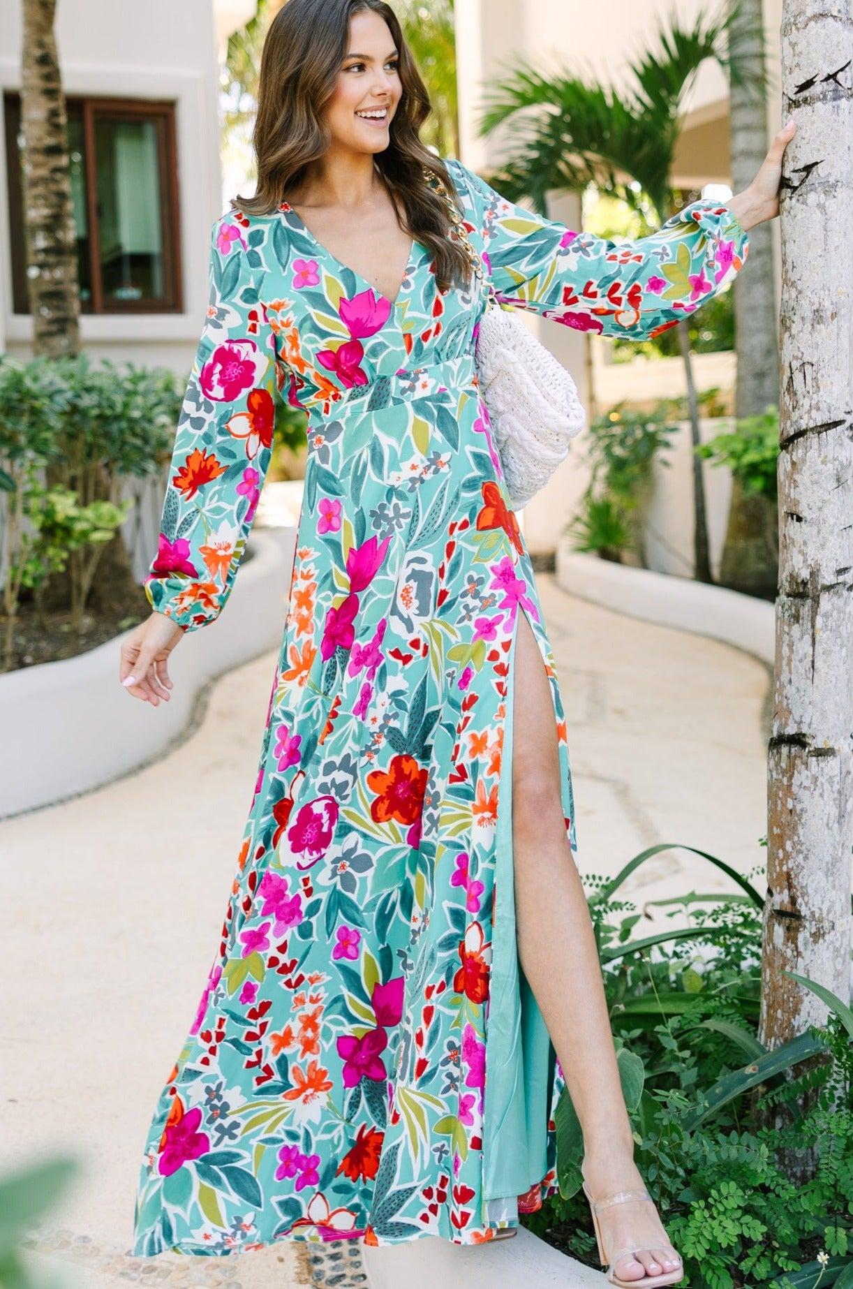 Just Feels Right Teal Blue Floral Maxi Dress Female Product Image