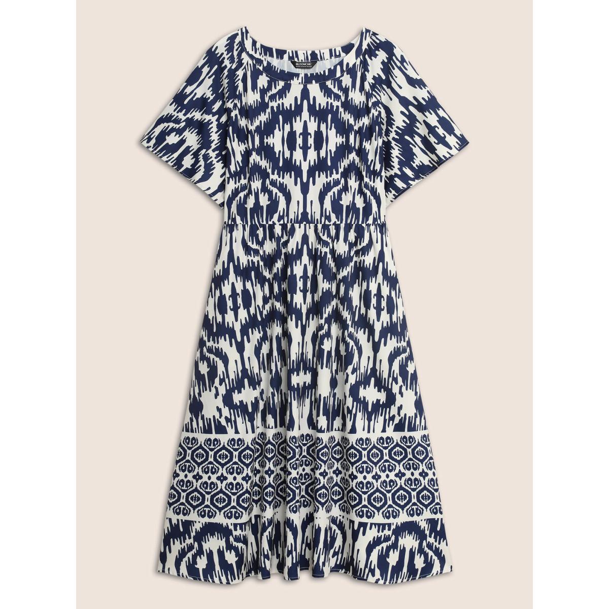 Plus Size Boho Print Ruffle Sleeve Midi Dress DarkBlue Women Resort Non Round Neck Short sleeve Curvy BloomChic 10/M Product Image