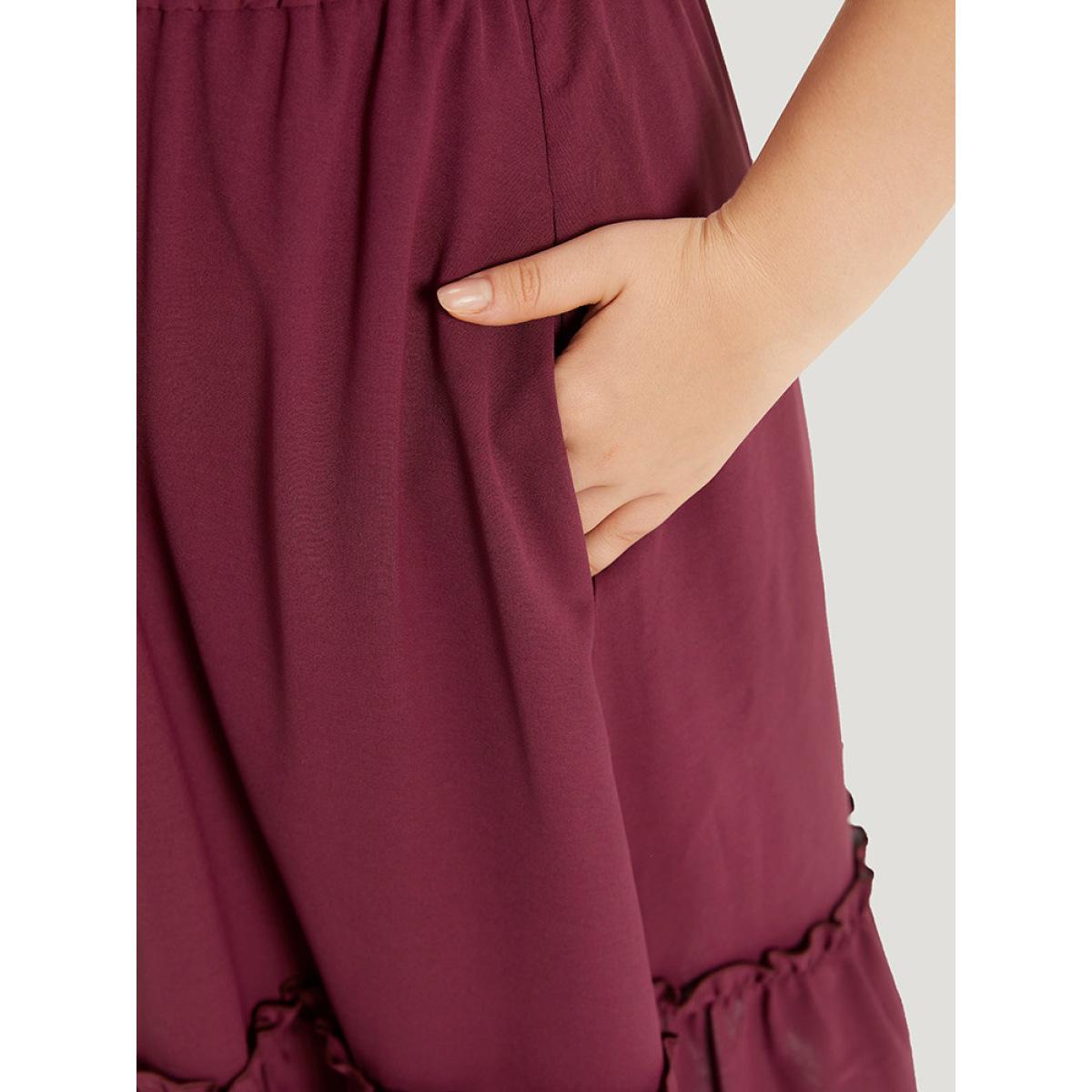 Plus Size Plain Frill Trim Gathered Ties Square Neck Tank Dress Burgundy Women Elegant Plain Square Neck Sleeveless Curvy Midi Dress BloomChic 12/L Product Image