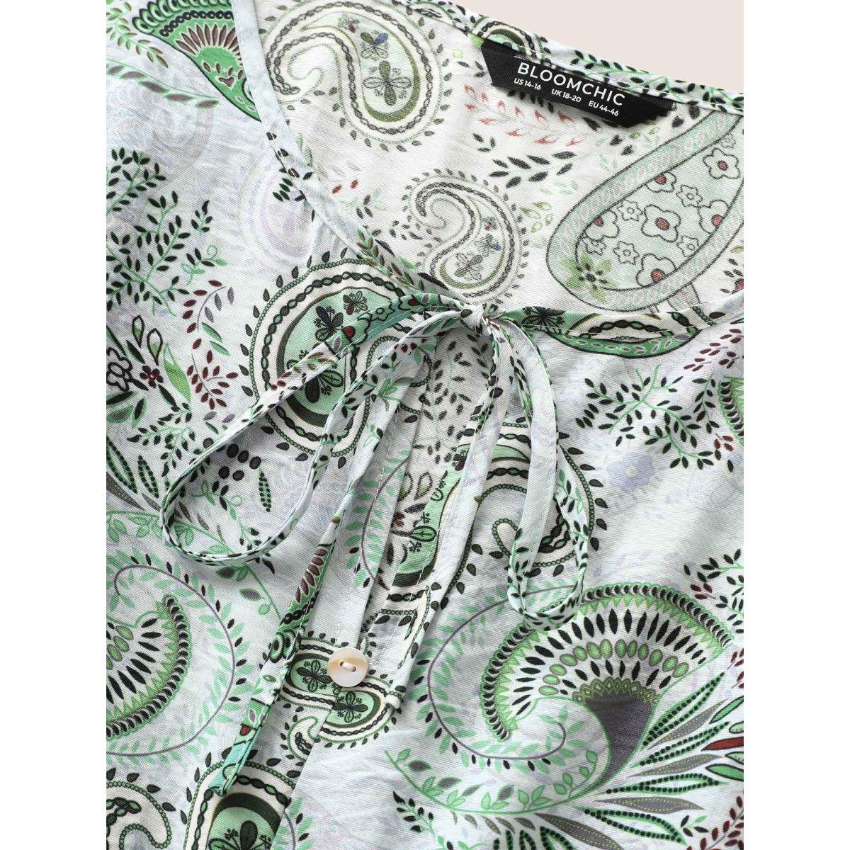 Plus Size Arctic Paisley Print Knot Elastic Waist Blouse Women Resort Short sleeve V-neck Vacation Blouses BloomChic 12/L Product Image
