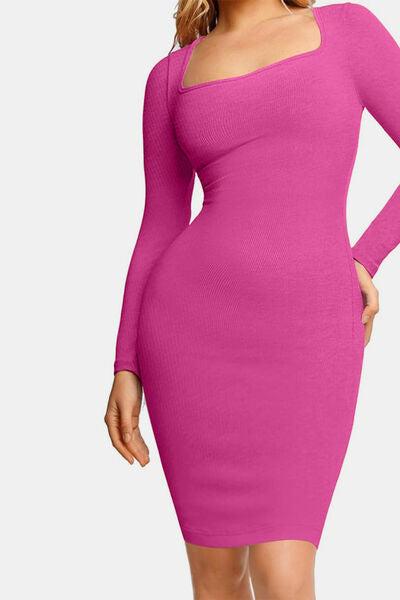 Basic Bae Full Size Built-In Shapewear Square Neck Long Sleeve Dress Product Image