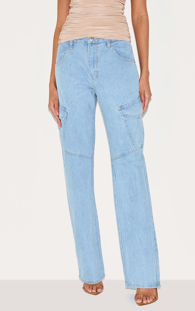 Light Blue Wash Slim Fit Cargo Pocket Boyfriend Jeans Product Image