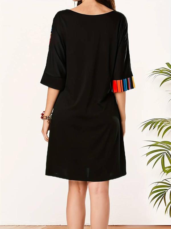 A-Line Half Sleeves Asymmetric Contrast Color Striped Round-Neck Mini Dresses Product Image