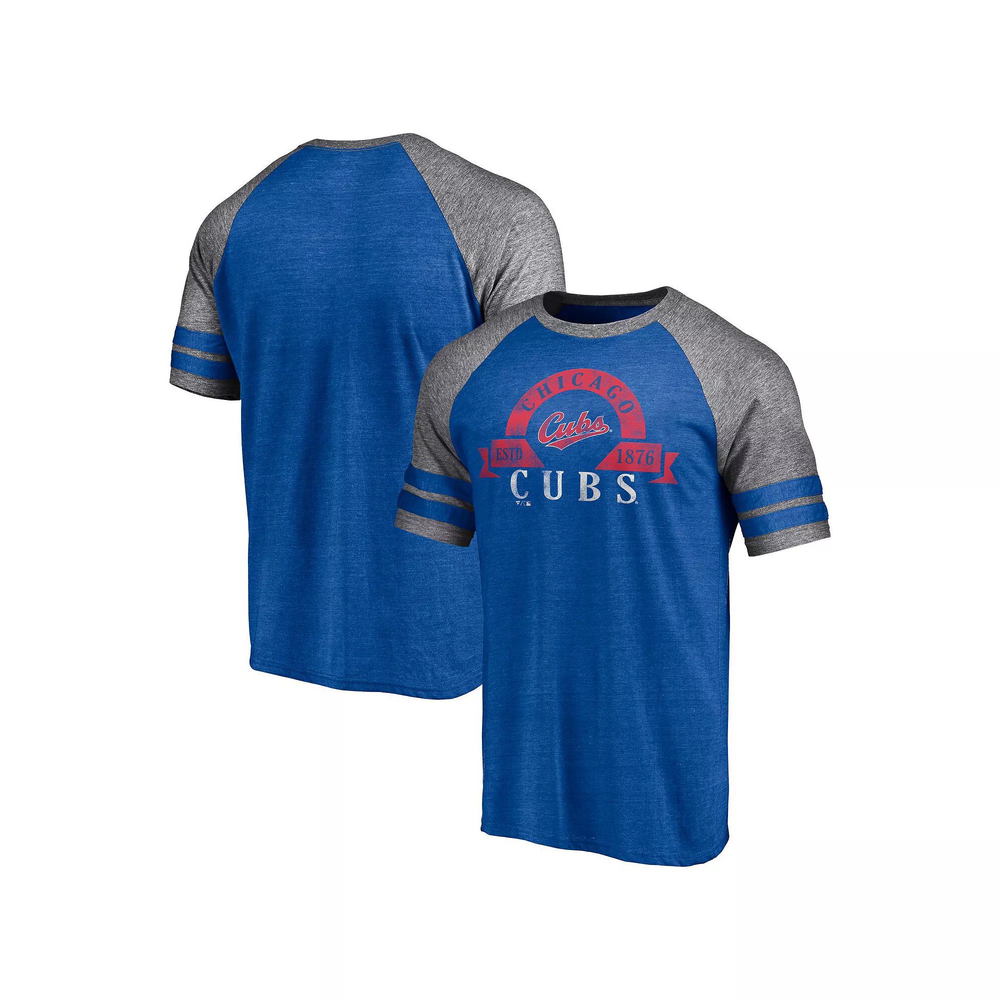 Men's Fanatics Branded Heather Royal Chicago Cubs Utility Two-Stripe Raglan Tri-Blend T-Shirt, Size: Small, Blue Product Image