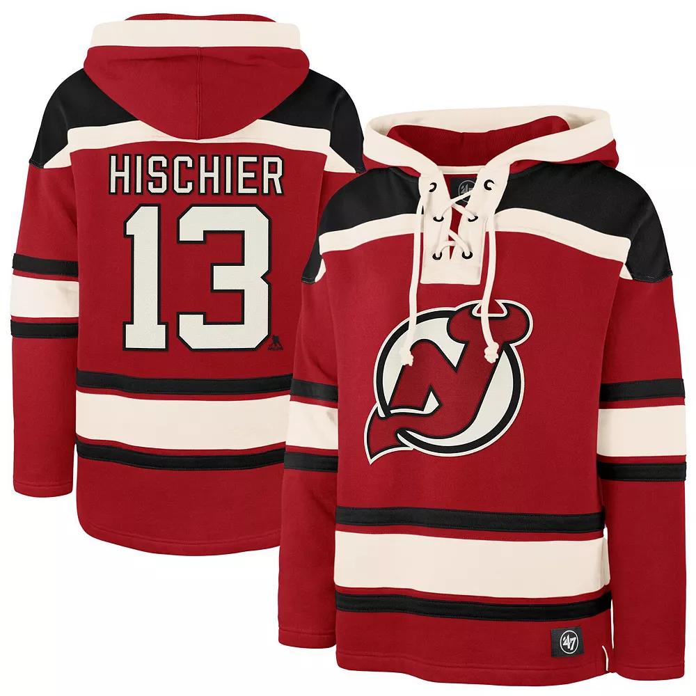 Men's '47 Nico Hischier Red New Jersey Devils Player Name & Number Lacer Pullover Hoodie,  Product Image