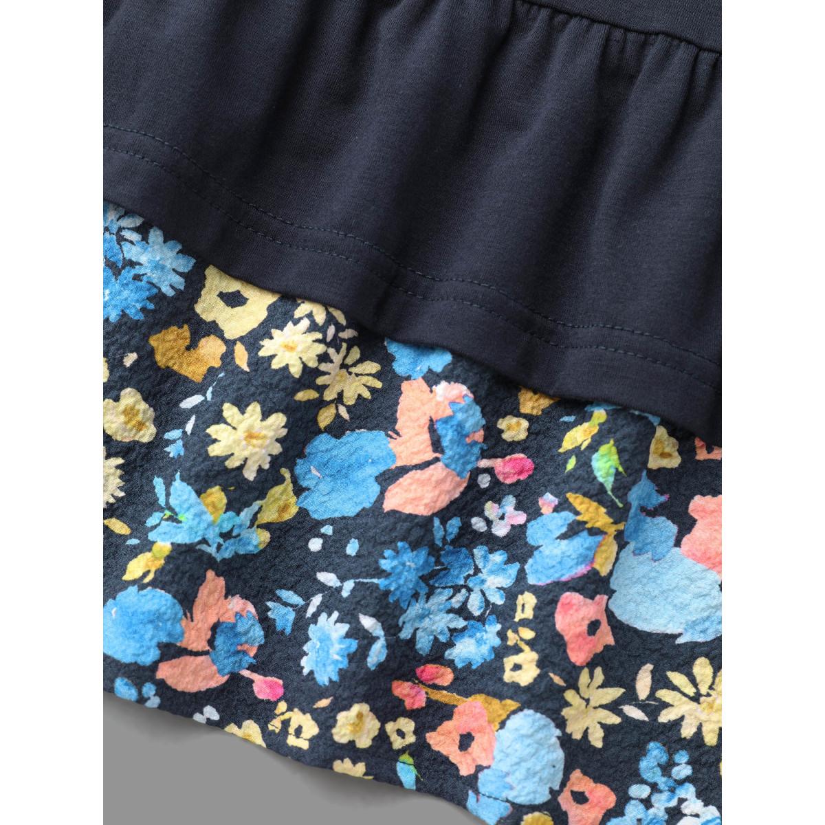 Plus Size Floral Spliced Tiered Hem T-Shirt Indigo Women Elegant Contrast Natural Flowers Round Neck Everyday T-shirts BloomChic 22-24/3X Product Image