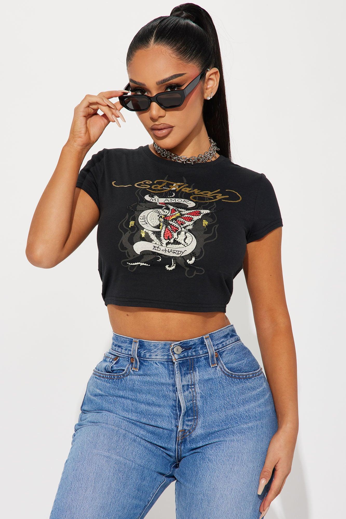 Ed Hardy Mi Amor Rhinestone Tee - Black Product Image