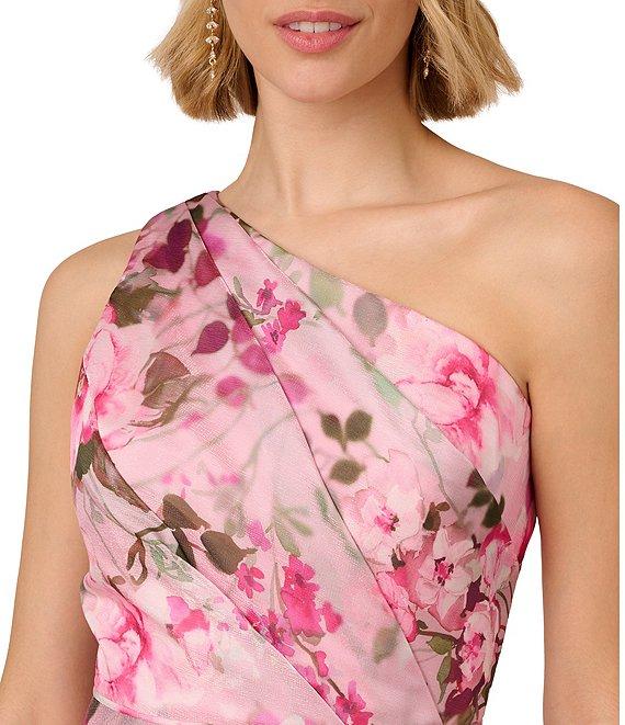 Adrianna Papell Floral Printed Organza One Shoulder Sleeveless Ruffle Front Hi-Lo Dress Product Image