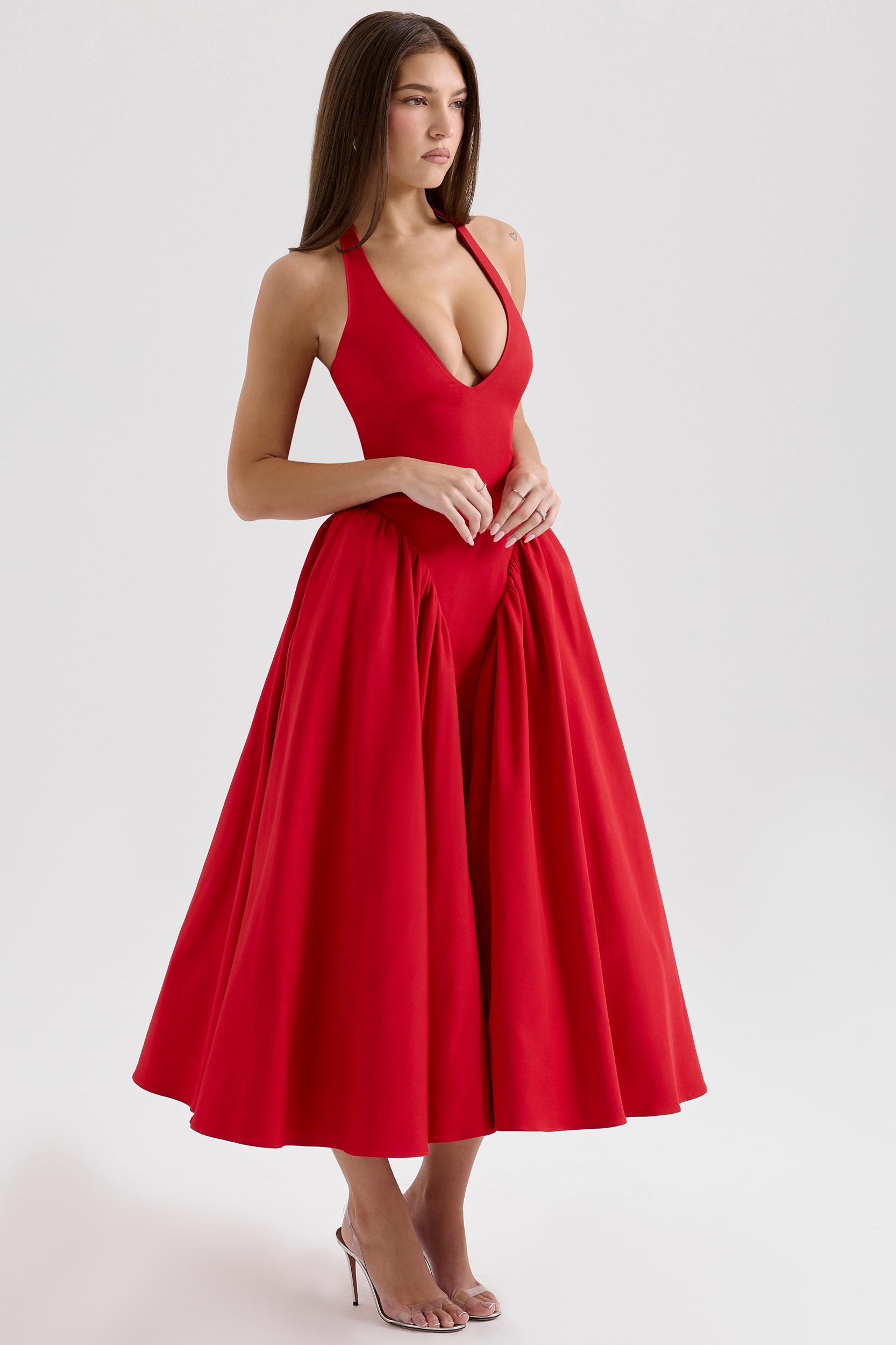Marilyn  red twill halter midi dress Product Image
