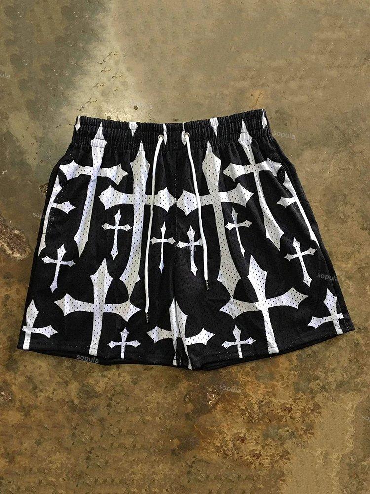 Vintage Cross Graphic Casual Street Mesh Shorts Product Image
