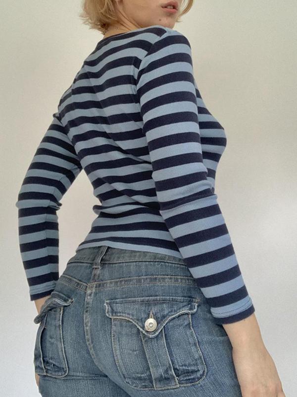 Striped V Neck Long Sleeve Tee Product Image