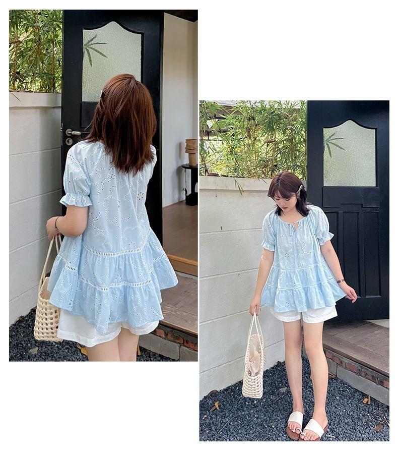 Plus Size Puff-Sleeve Notch Neck Embroidered Perforated Tie Front Blouse Product Image