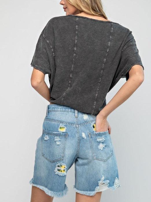 Tropical Destroyed Denim Shorts Product Image