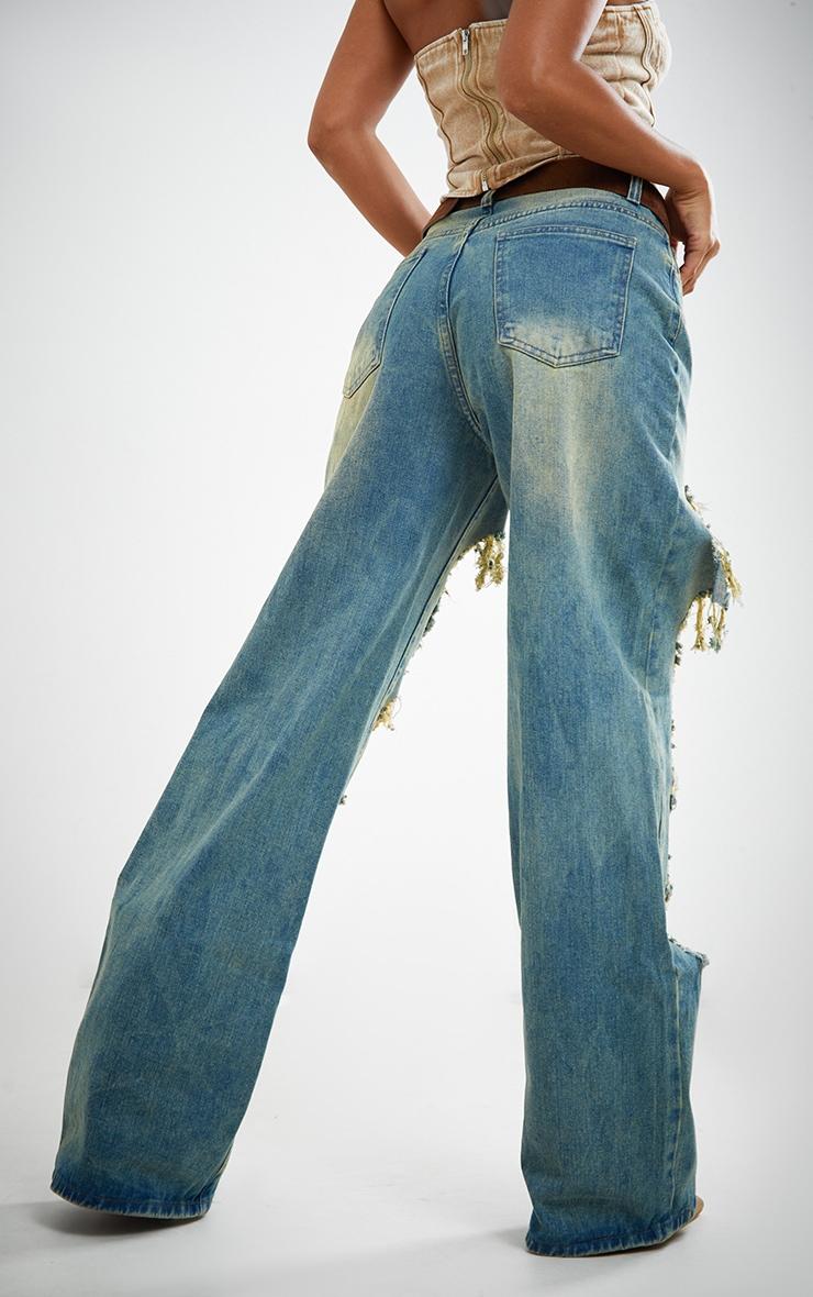 Indigo Vintage Wash Extreme Rip Front Straight Leg Jeans Product Image