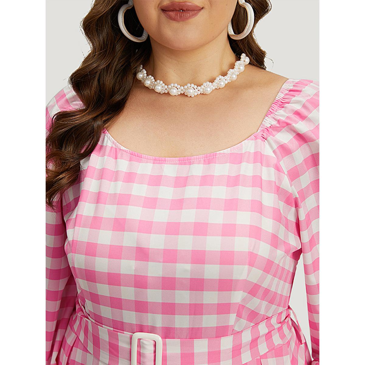 Plus Size Halloween Plaid Print Belted Square Neck Lantern Sleeve Dress Pink Women Elegant Elastic cuffs Square Neck Long Sleeve Curvy Midi Dress BloomChic 30/6X Product Image