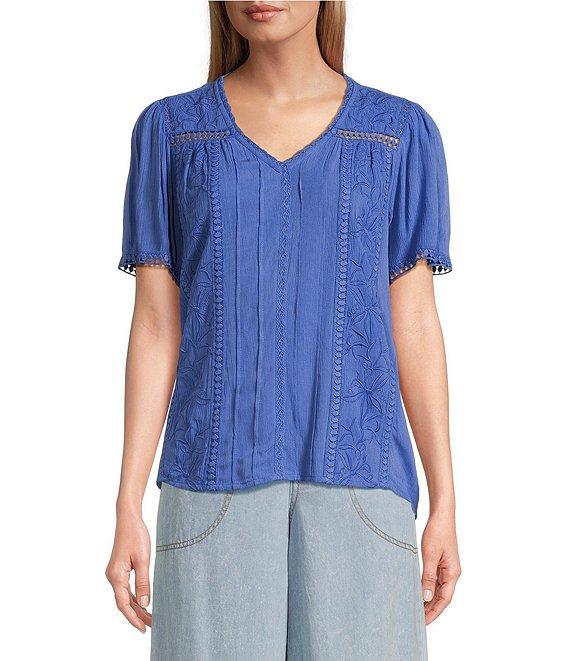 Nurture Crinkle Woven Embroidered Short Sleeve V-Neck Top Product Image