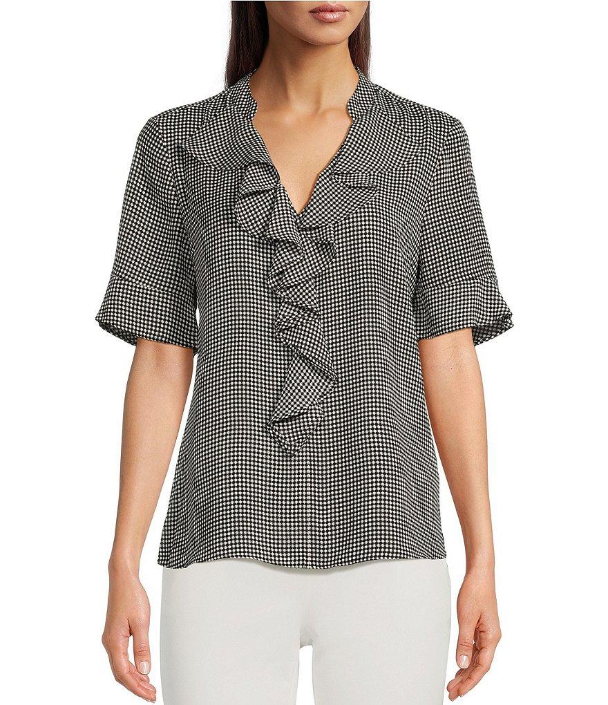 KARL LAGERFELD PARIS Short Sleeve Ruffle Front V-Neck Print Blouse Product Image