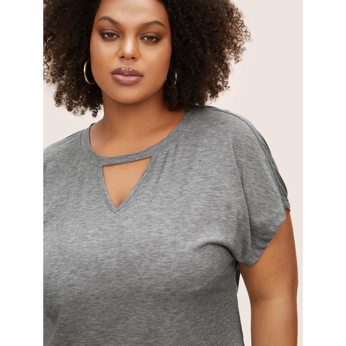 Plus Size Plain Heather Keyhole Dolman Sleeve T-shirt DarkGray Women Casual Cut-Out Round Neck Everyday T-shirts BloomChic 18-20/2X Product Image