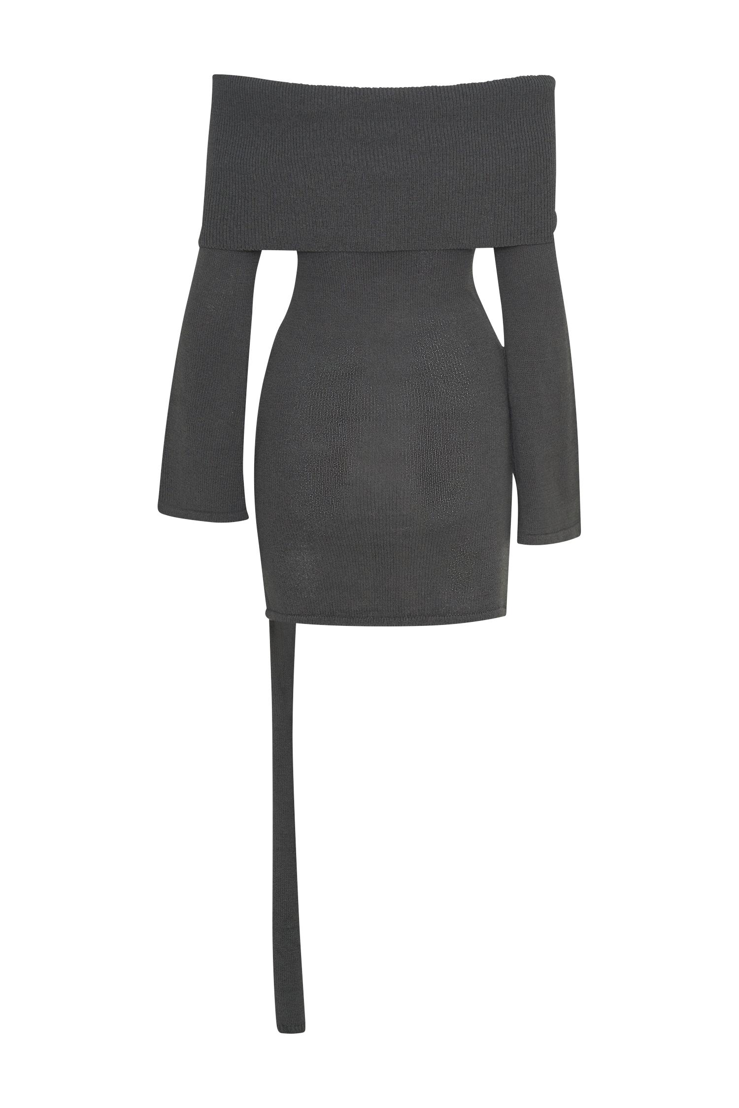 Camryn Off Shoulder Tie Knit Mini Dress - Charcoal Product Image