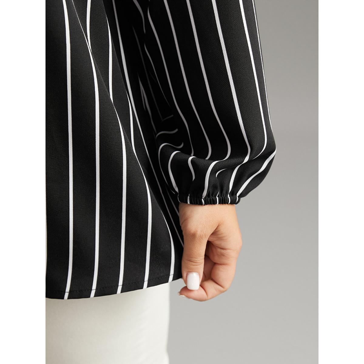 Plus Size Black Striped Shirt Collar Lantern Sleeve Blouse Women Office Long Sleeve Shirt collar Office Blouses BloomChic 30/6X Product Image