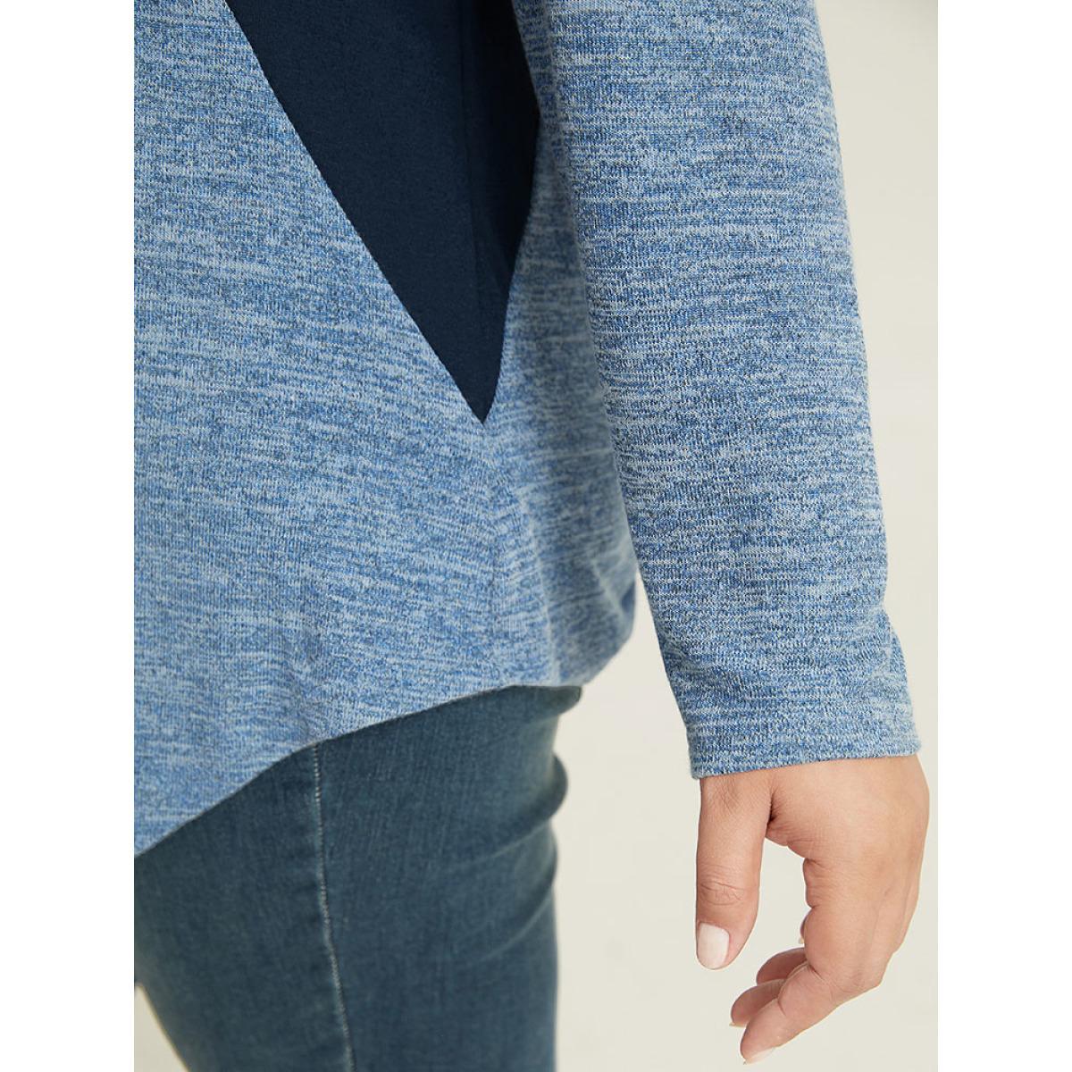 Plus Size Heather Patchwork Round Neck Curved Hem T-shirt Blue Women Elegant Contrast Plain Round Neck Dailywear T-shirts BloomChic 26/4X Product Image